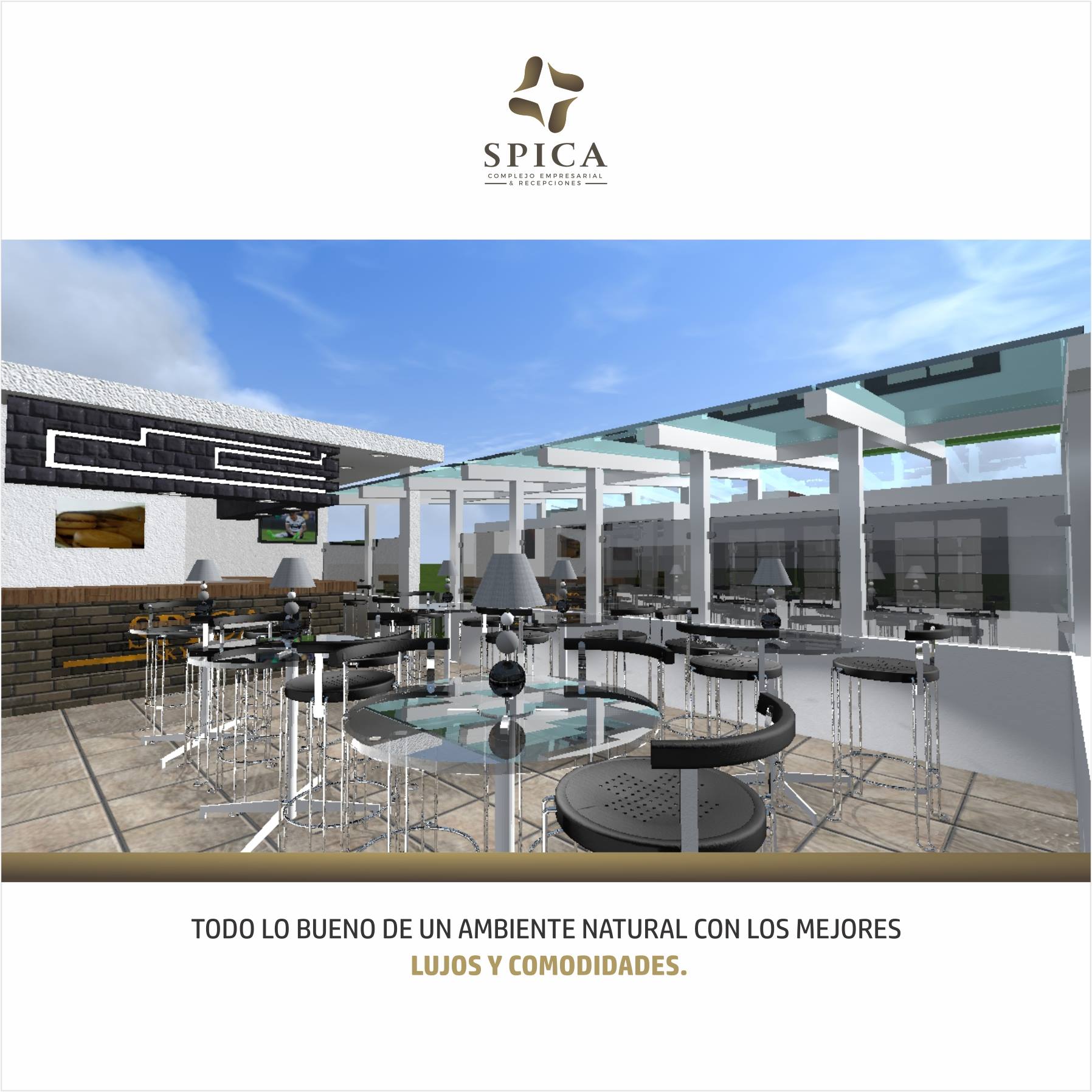 Render de área de recepción SPICA